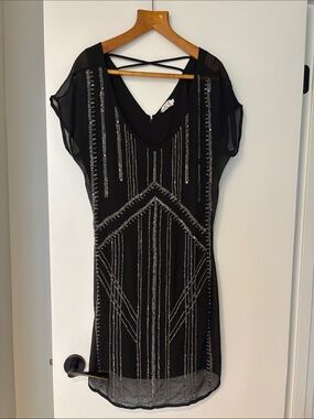 Velvet Black Mini Dress with Silver Beading